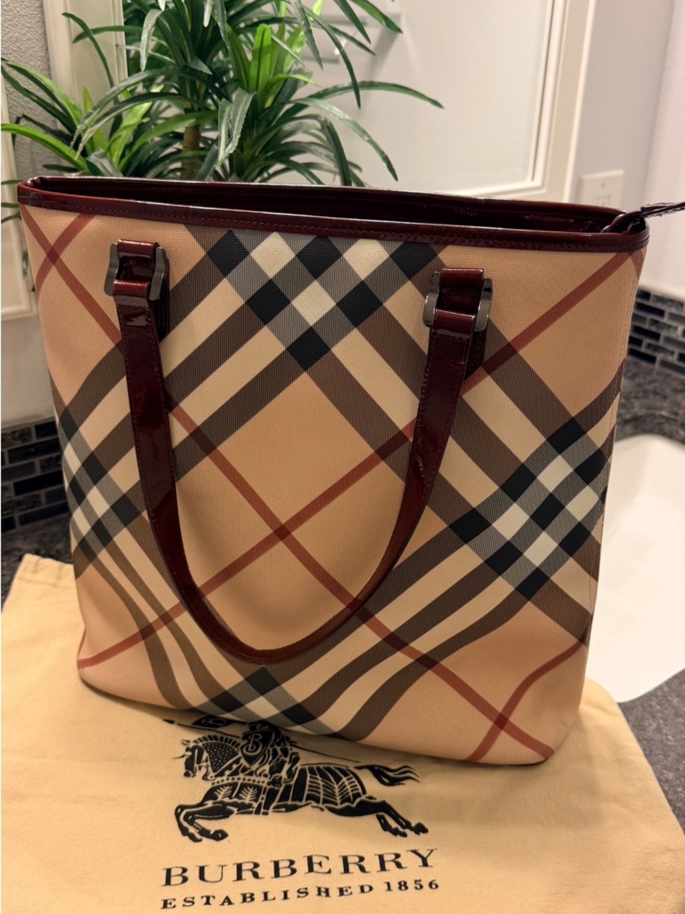 Burberry Beige Nova Check Tote with Burgundy Trim and Handles